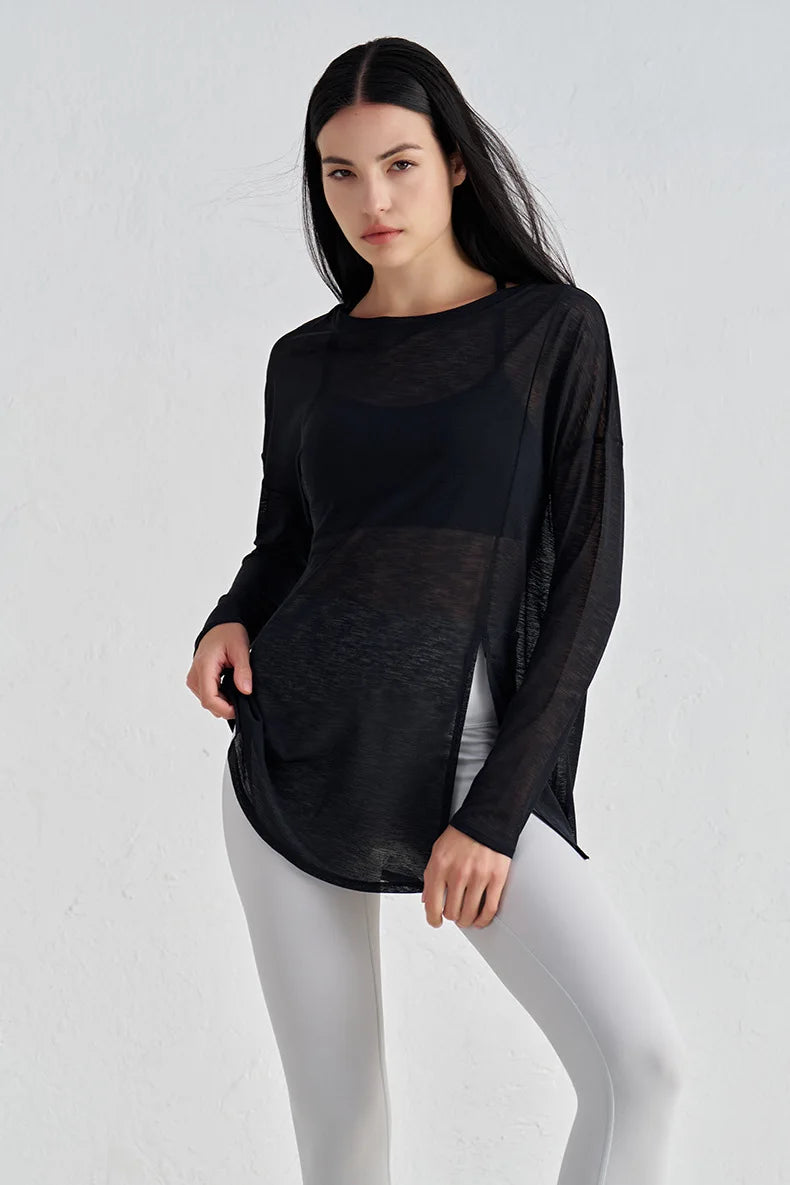 Mesh Long Sleeve Sports Top - Quick Dry Breathable Running Shirt for Yoga & Fitness