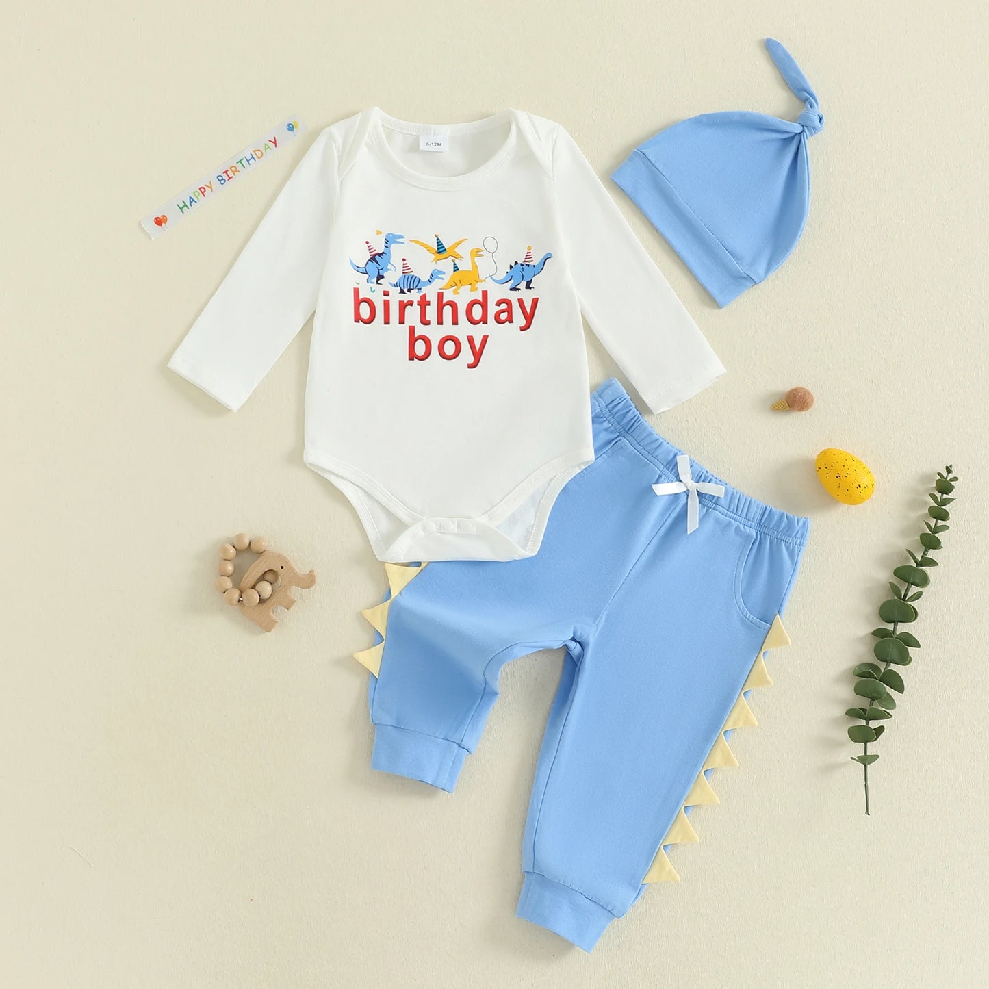 Baby Boys Dinosaur Outfit Set - 3-Piece Long Sleeve Romper, Pants & Hat (0-24M)