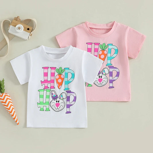 0-6Y Summer Kids Boys Girls Easter T Shirt Rabbit Letter Print Short Sleeve Pullover Top
