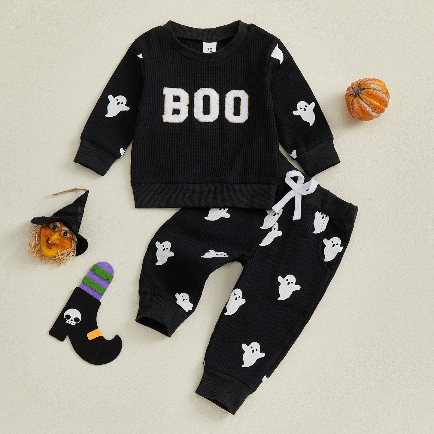 Toddler Boy's Halloween Outfit Set - Ghost Print Sweatshirt & Elastic Pants