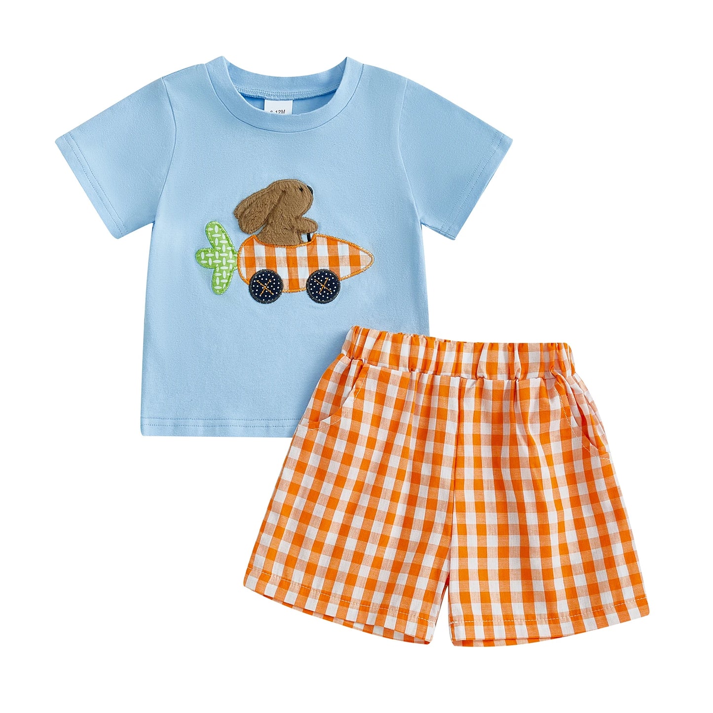 0-4Y Toddler Kids Boys Easter Clothes Set 2pcs Rabbit Embroidery Short Sleeve  Plaid T-Shirt with Elastic Waist Shorts