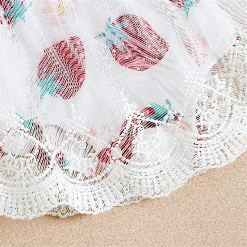 2pcs Valentines Days Baby Girls Romper Dress 0-18M Ruffles Sleeveless Strawberry Print Lace Tulle Jumpsuits Hairband