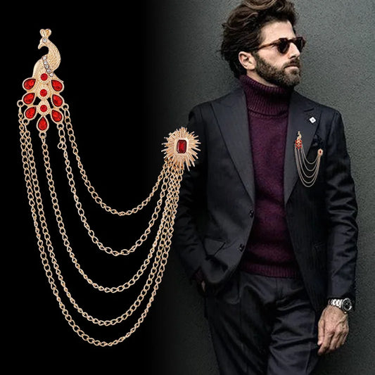 Men's Retro Brooch Pin Badge Peacock Tassel Collar Pins with Chain Shirt Crystal Corsage Jewelry Accessorie