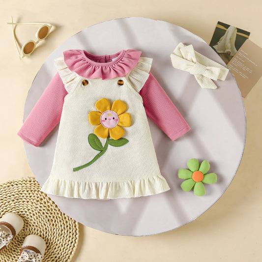 Baby Girls Sunflower Embroidery Outfit Set - Ruffled Long Sleeve Romper Dress & Bow Headband (0-18M)