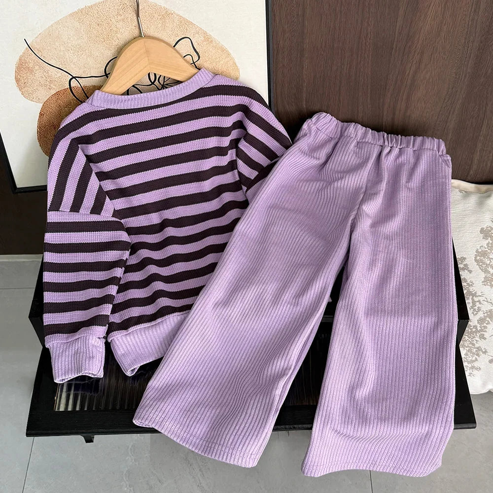 Girl's Long Sleeved Striped Top and Pants Two-piece Set