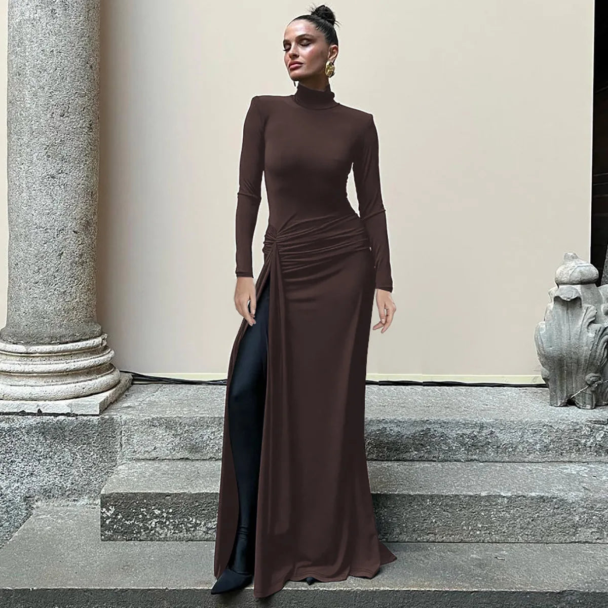 Women's Slit Long Turtleneck Bodycon Patchwork Elegant Ruched Gown Dress