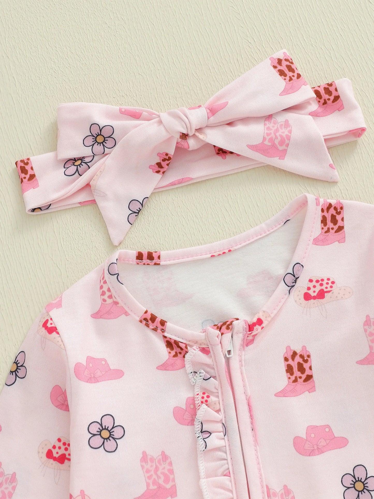 Baby Fall Winter Romper with Floral Hat Print - Zip Up Footed Jumpsuit & Headband (0-18M)