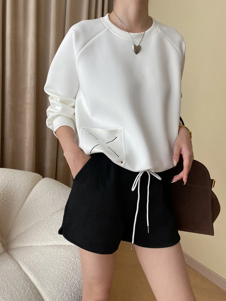 Women Solid Round Neck Long Sleeve Casual Loose Embroidered Design Pullover Sweatshirt