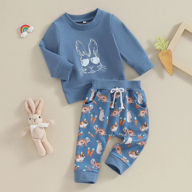 Toddler Boys Easter Outfit Set - Two Piece Rabbit Print Set