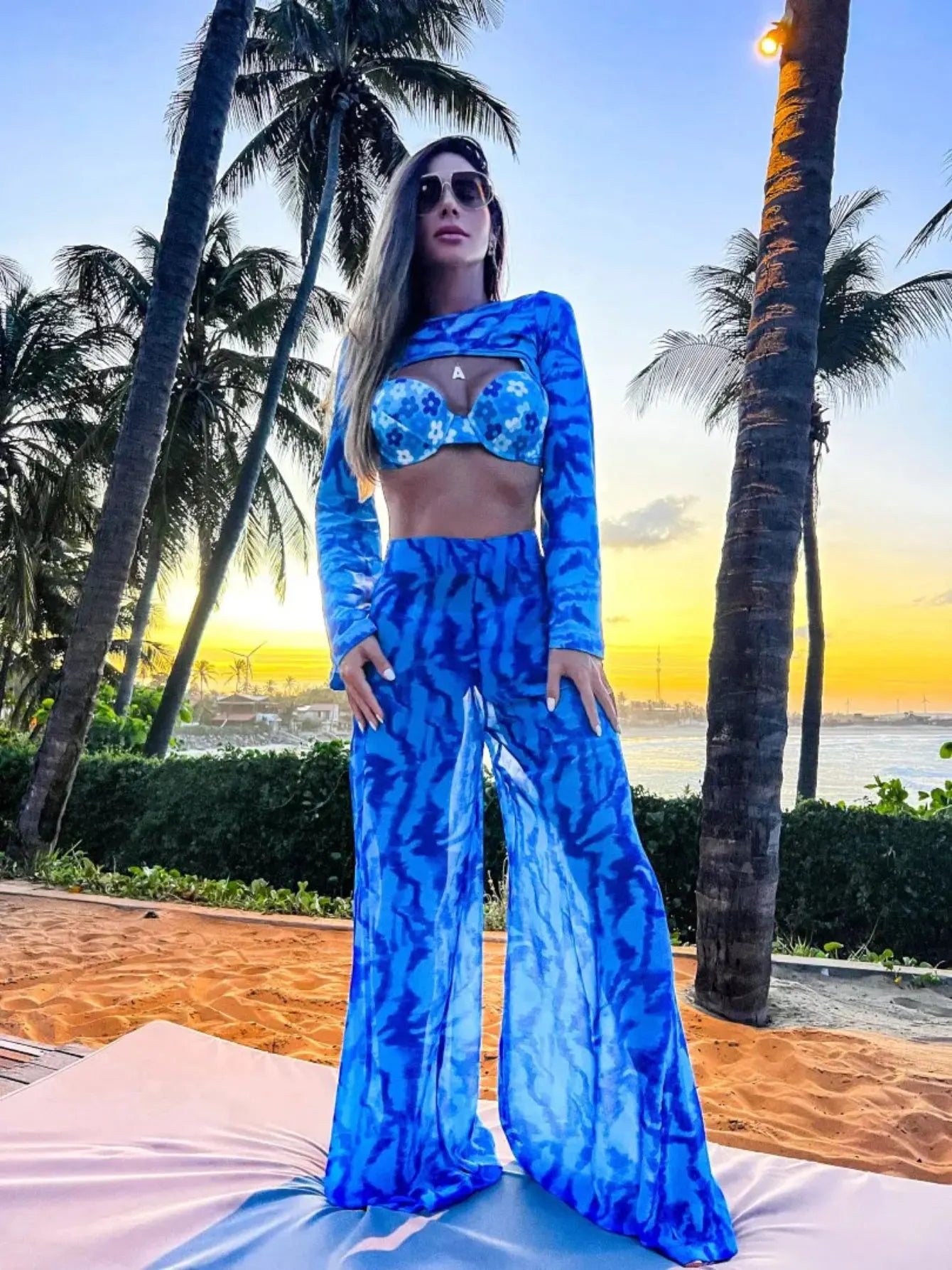 Women's Strapless Tie-Flower Crop Top & High Waist Wide Leg Trousers Set
