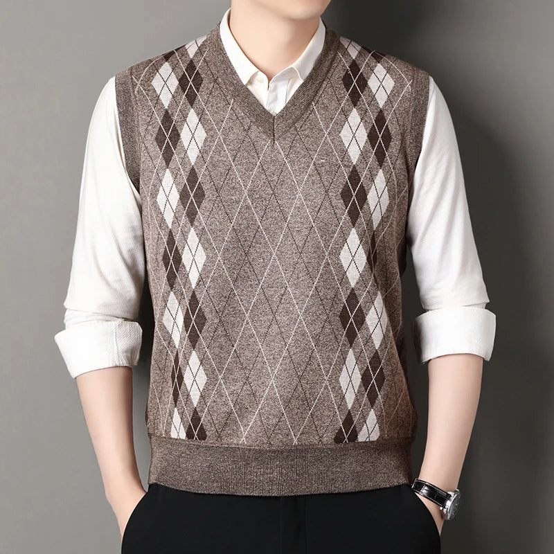 Autumn Winter Argyle Plaid Knit Vest - Fleece Sleeveless Waistcoat