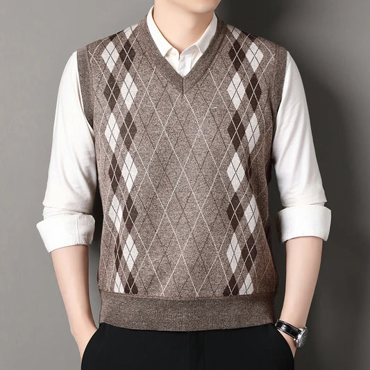 Autumn Winter Argyle Plaid Knit Vest - Fleece Sleeveless Waistcoat
