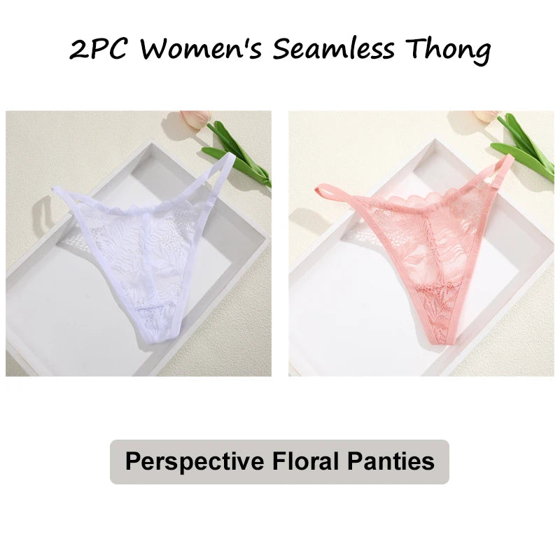 Floral Lace Thong Underwear - Low Waist Transparent Briefs for Women