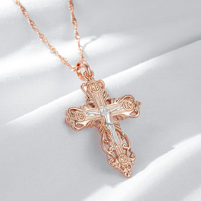 Unisex 585 Rose Gold Silver Orthodox Church Cross Pendant Necklace