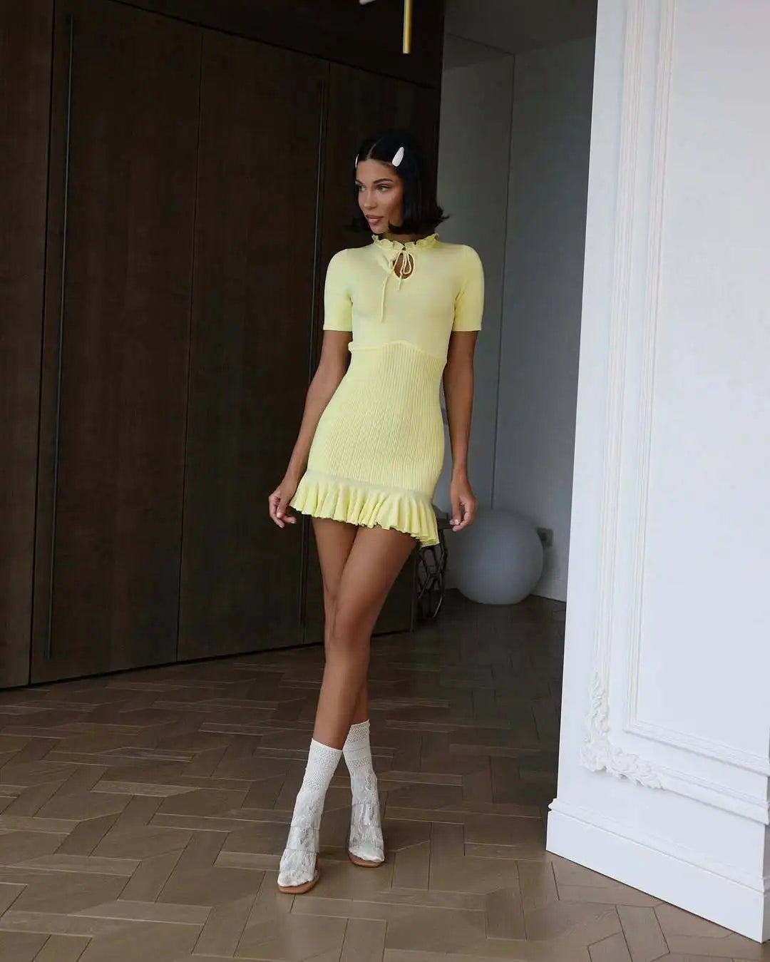 Women's Autumn Tie Front Ribbed Knit Mini Dress - Bodycon Party Dress