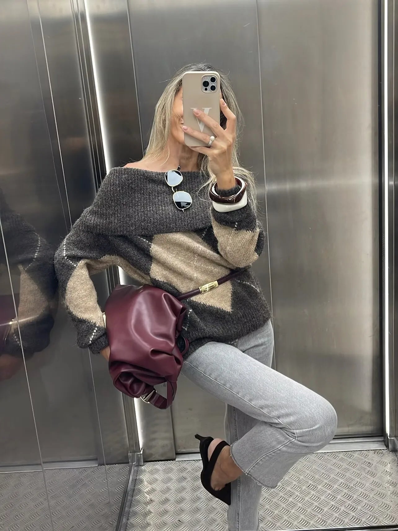 Vintage Argyle Off Shoulder Knit Sweater - Long Sleeve Loose Casual Pullover