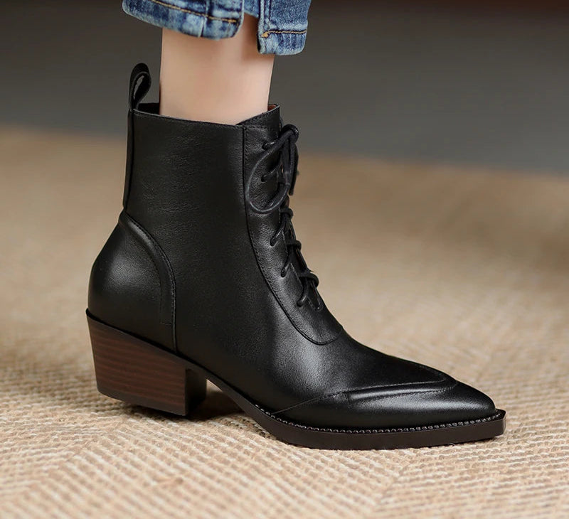 Women's Ankle Lace-up Genuine Leather Thick High Heels  Boots