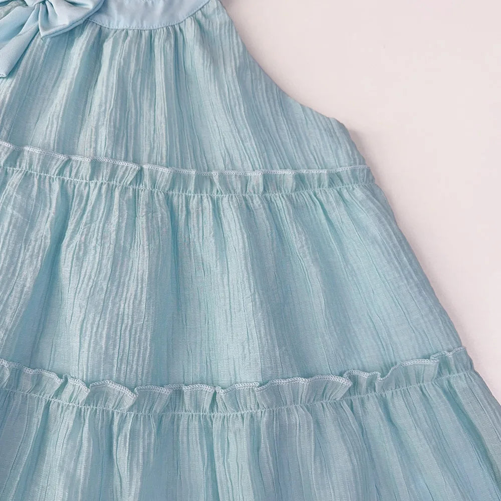 Girl's Neck Hanging Summer Plain Casual Bow Sleeveless Easter Dress