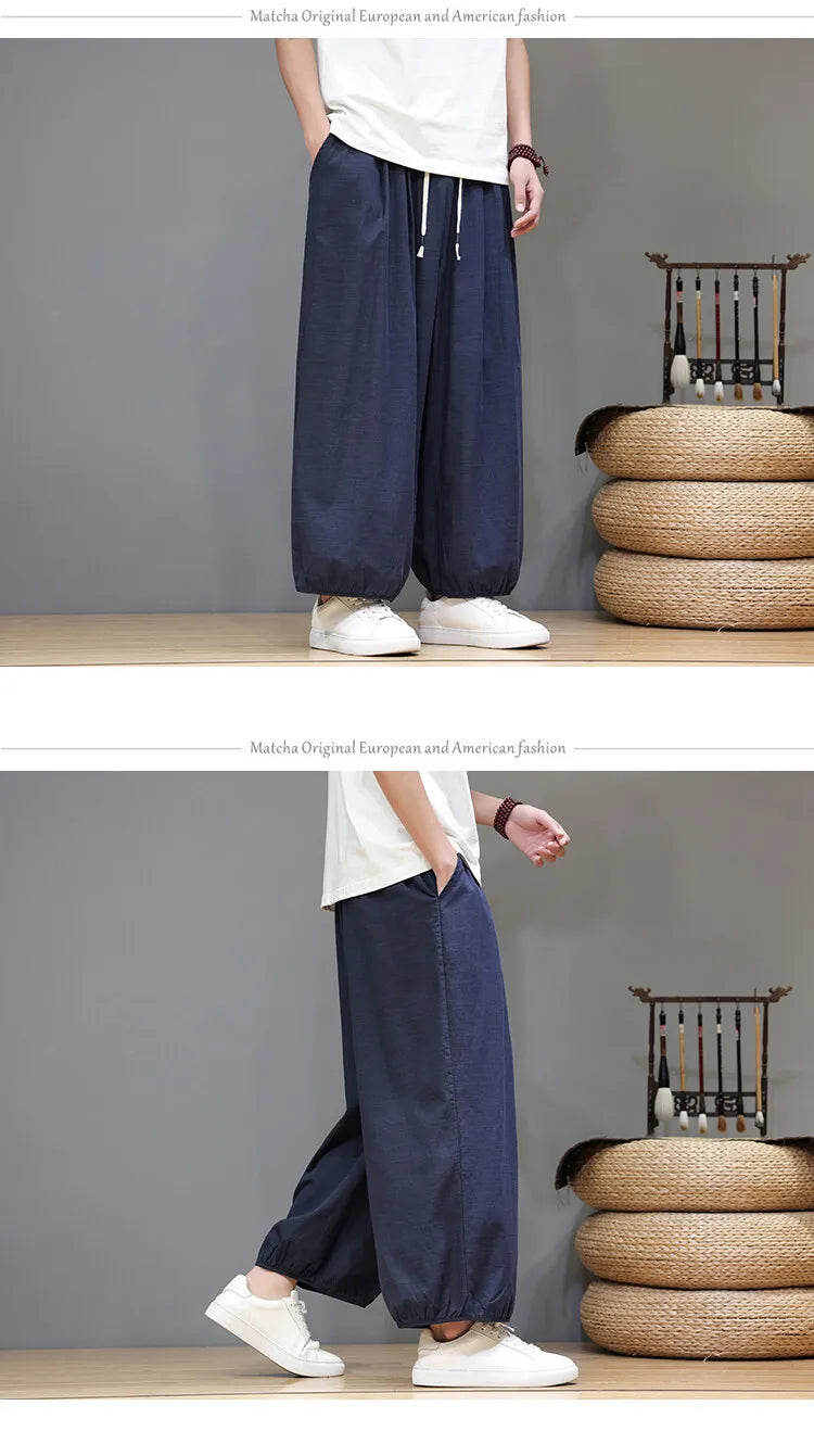 Men's Summer Wide Leg Pants Casual  Breathable Loose Ankle Length  Harem Trousers