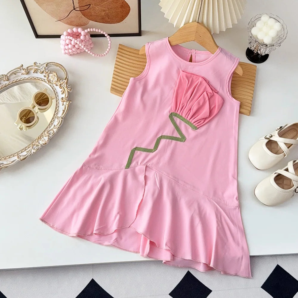 Girl's 3D Flower Sleeveless Princess Baby Pink Summer Dress