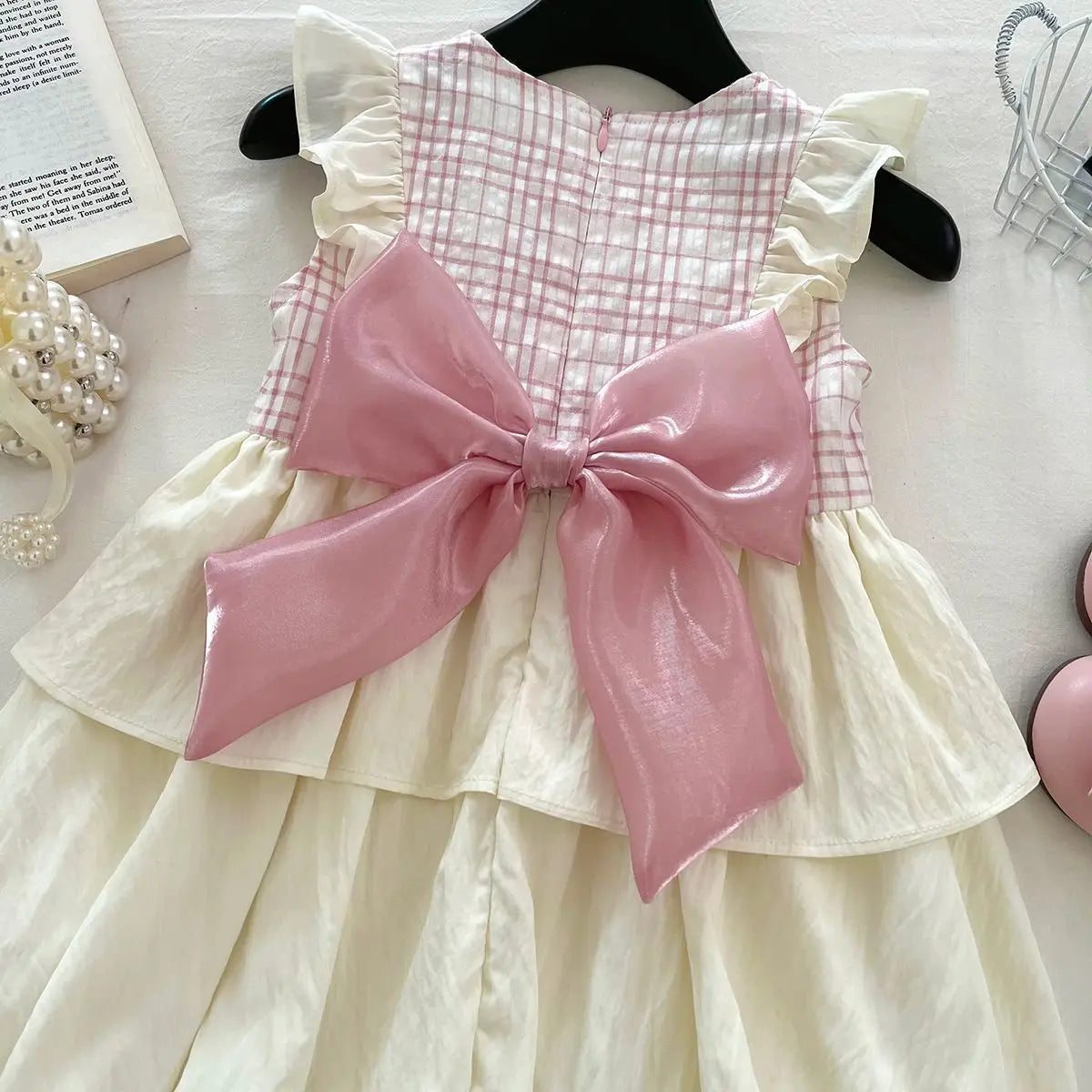 Girl's Summer Round Neck Flying Sleeve Bow Grid Splicing Dress 3-6 years
