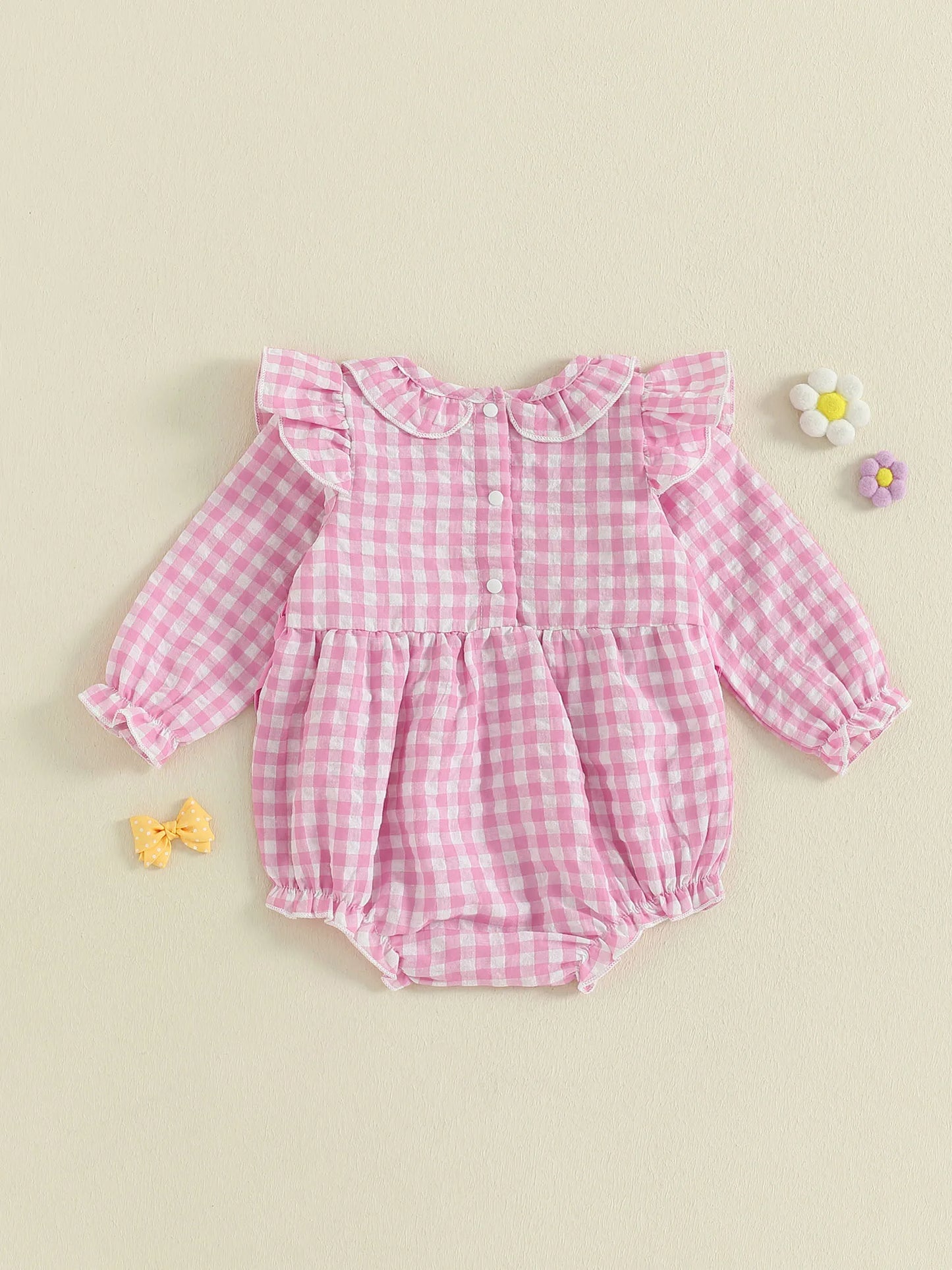 Baby Girls Plaid Bubble Romper - Duck Embroidery Long Sleeve Jumpsuit (0-18M)