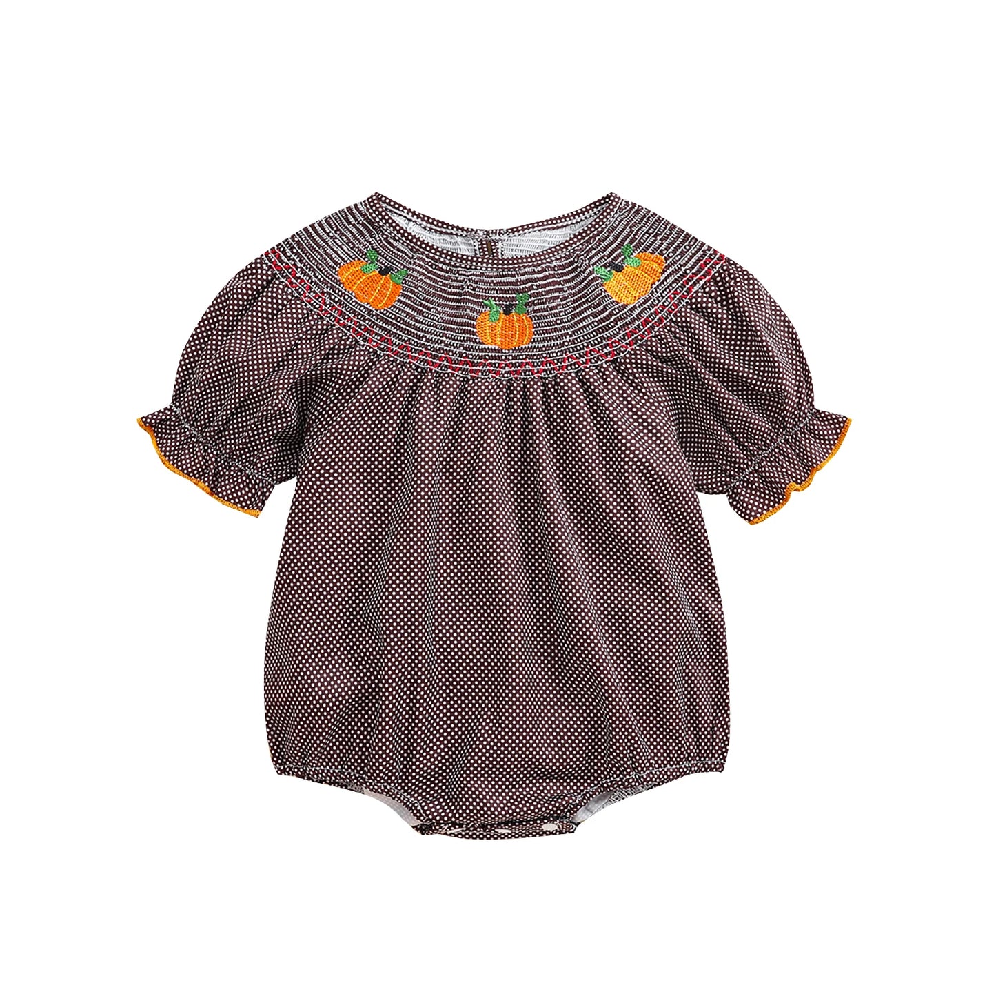 0-3Y Baby Girls Boys Romper Pumpkin Embroidered Plaid Print Short Sleeve Ruffled Jumpsuits