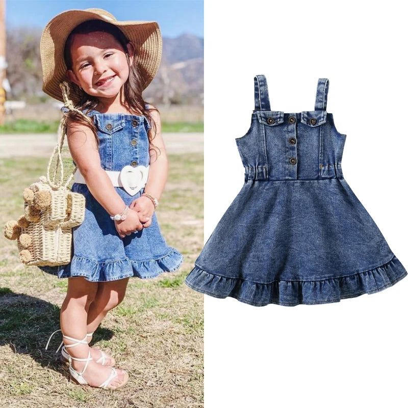 0-4Y Kids Girls Denim Ruffles Sleeveless Strap Button A-Line Sundress