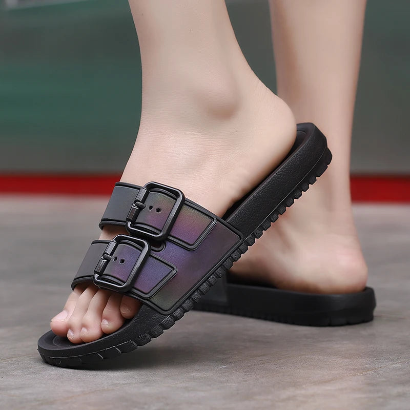 Men's Summer Slippers Laser Reflection Sandals Buckle Design Beach Slippers