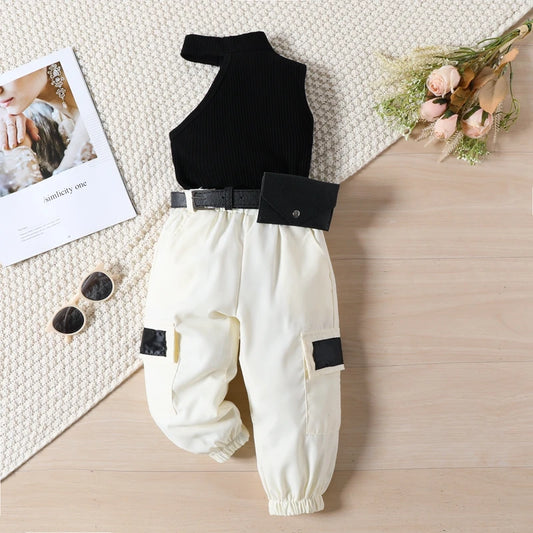 0-5Y  Kids Girls Clothes Sets Sleeveless Halter Ribbed Vest with Cargo Pants Belt Fanny Pack Summer Outfit