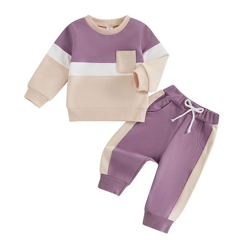 0-4Y Toddler Kids Boys Girls Fall Clothes Sets Contrast Long Sleeve Sweatshirt Tops and Pants Set