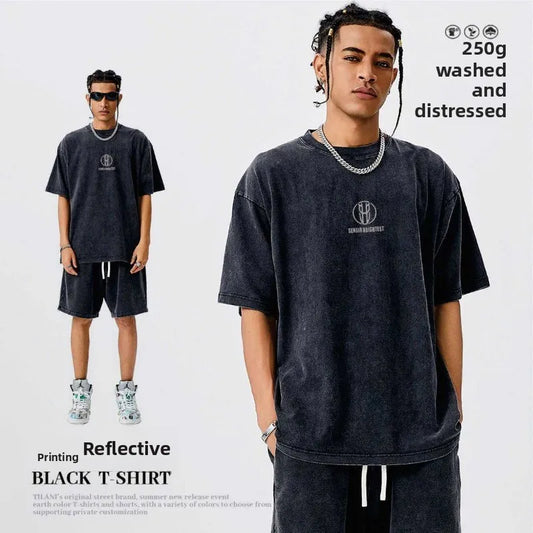 Unisex Retro Cotton T-Shirt Washed Luminous Print Short Sleeve Summer Tee