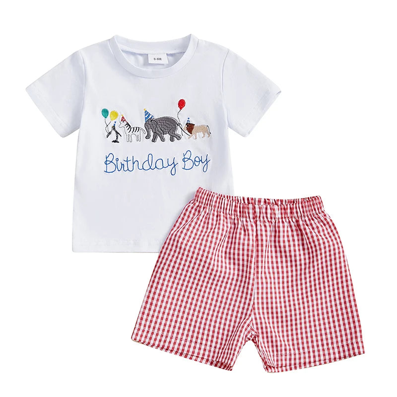 Summer Casual Baby Boys Birthday Outfit Set - Letter Animal Print T-Shirt with Plaid Shorts