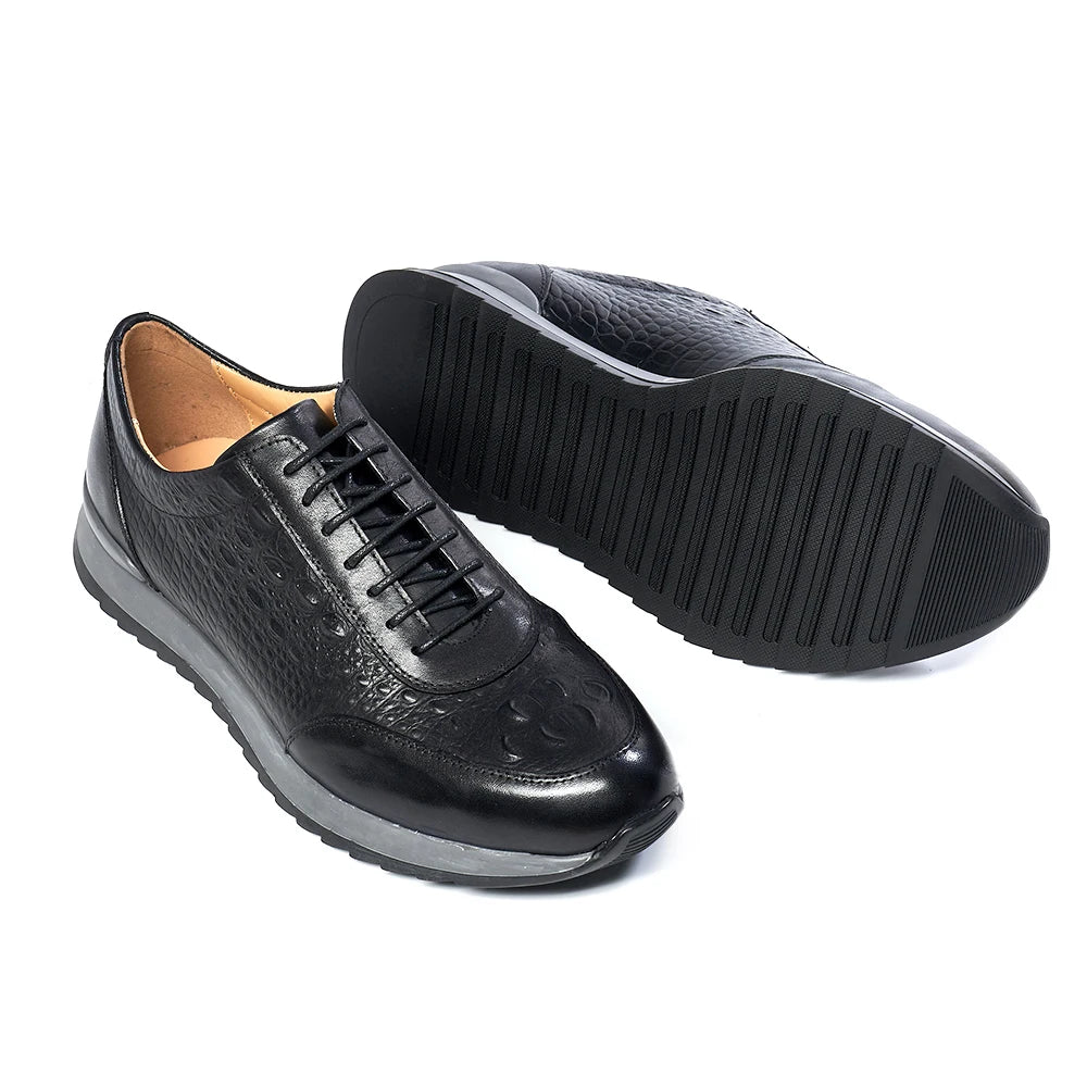 Men's Genuine Leather Crocodile Pattern Oxford Sneakers – Lace-Up Casual Flat Shoes