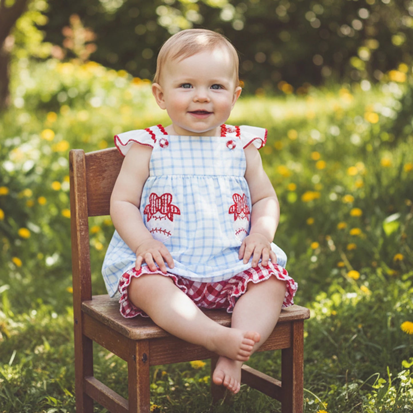 Toddler Girls 2-Piece Outfit Set - Plaid Baseball Embroidery Top & Shorts