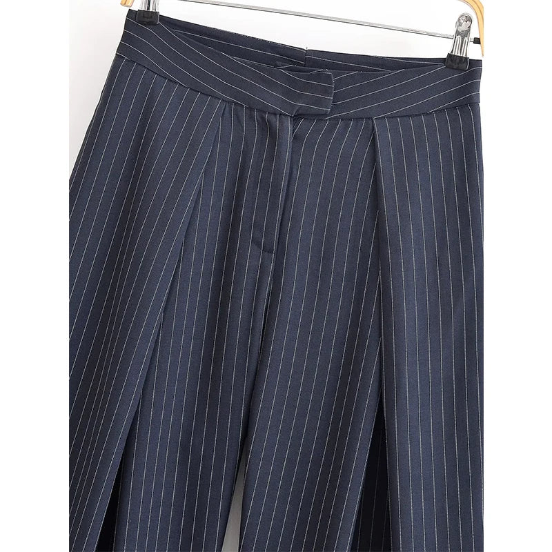 Vintage Striped Pleated Wide Leg Pants - High Waist Office Casual Trousers