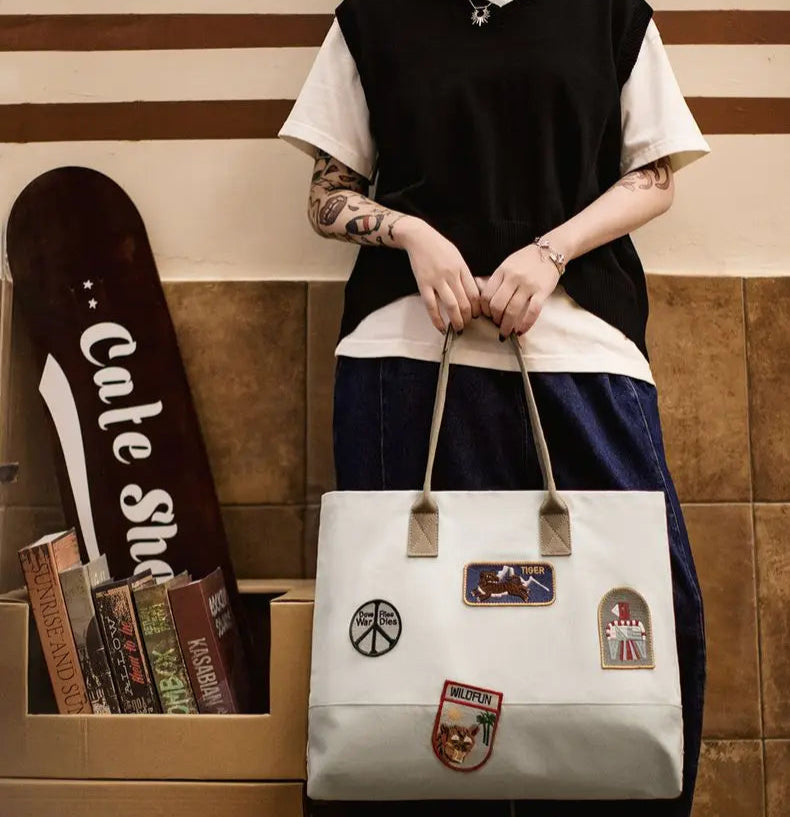 Unisex Style Vintage Embroidered Large-capacity Patchwork Handbag Versatile Single-shoulder Versatile Tote Bag