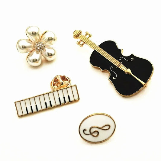 Music Notation Enamel Brooch - Violin Guitar Piano Beaded Flower Pin