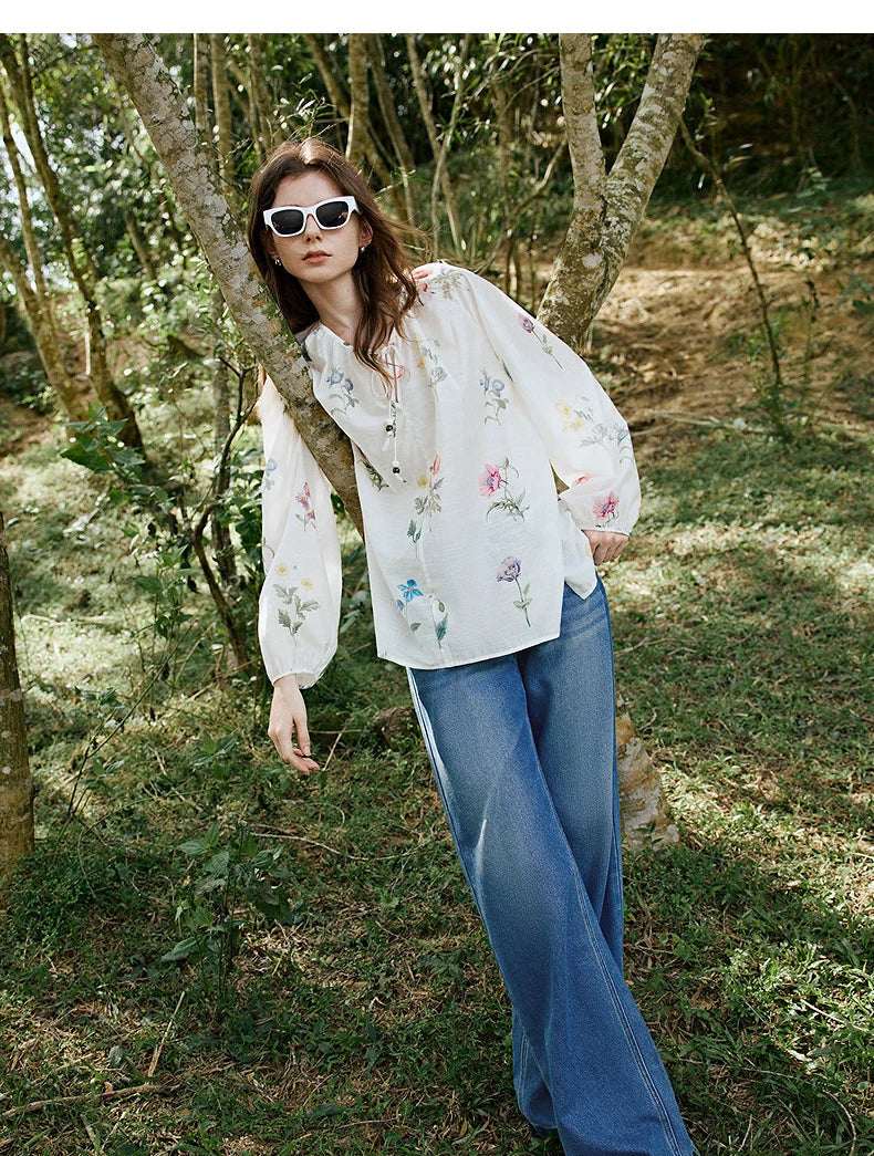 Women's Linen Blend Floral Print Blouse | Lantern Sleeves | O-Neck | Loose Fit | White | Spring Summer