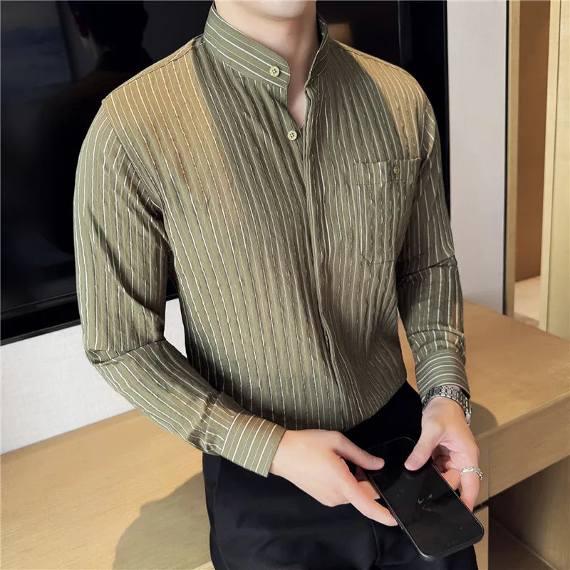 Men's Striped Stand Collar Long Sleeve Single Breasted Shirt