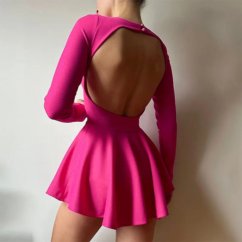 Women's Backless V Neck A-Line Mini Dress - Long Sleeve Pleated Dress