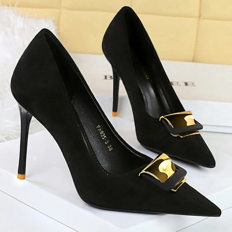 Women's Metal Buckle Decoration Pumps Suede High Heels Stilettos Heels Shoes