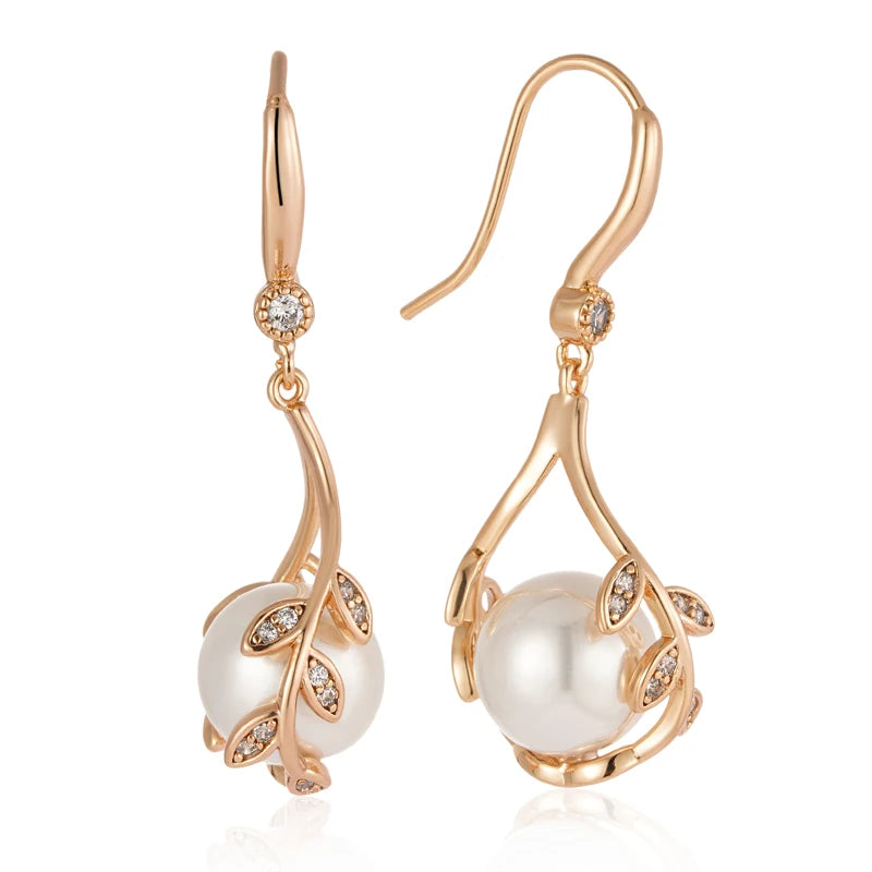 Women's 585 Rose Gold Colour Natural Zircon Pearl Long Drop Earrings