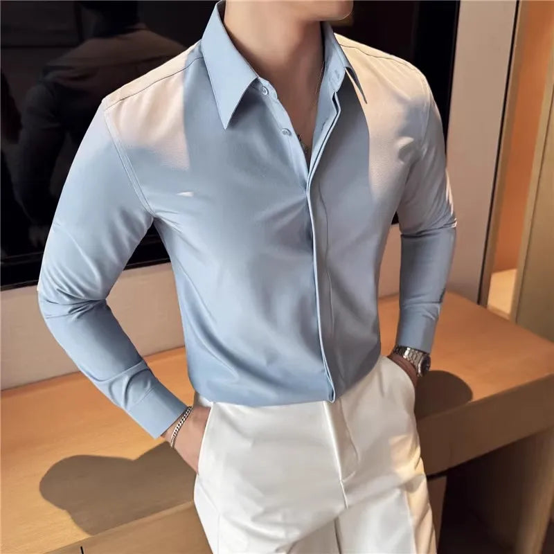 Men's Solid Colour Long Sleeve  Shirt - Smart Casual Slim Fit Shirt