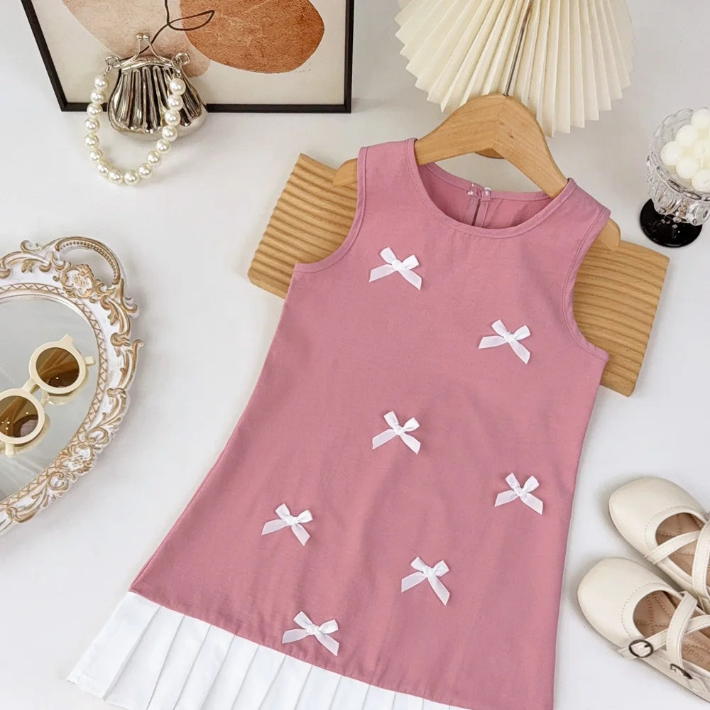 Girl's Summer Casual Round Neck Bow Sleeveless Princess Dress