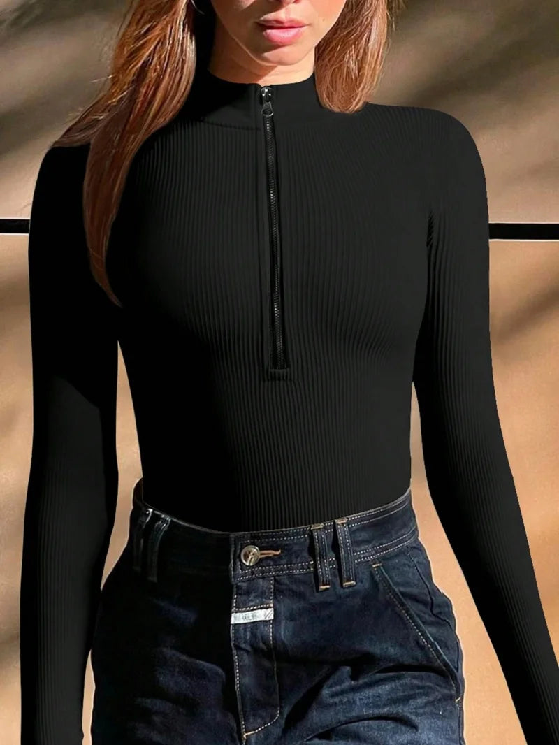 Women's Ribbed One Piece Zip Front Long Sleeve Top Bodysuit