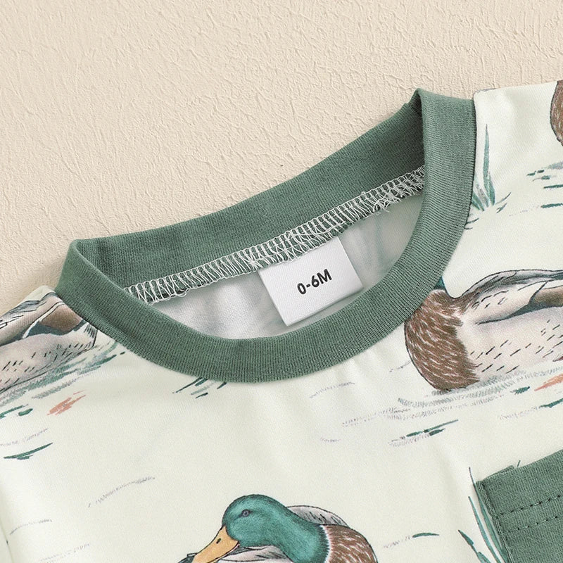 Baby Boys Duck Print Outfit Set - Patchwork T-Shirt with Elastic Waist Shorts