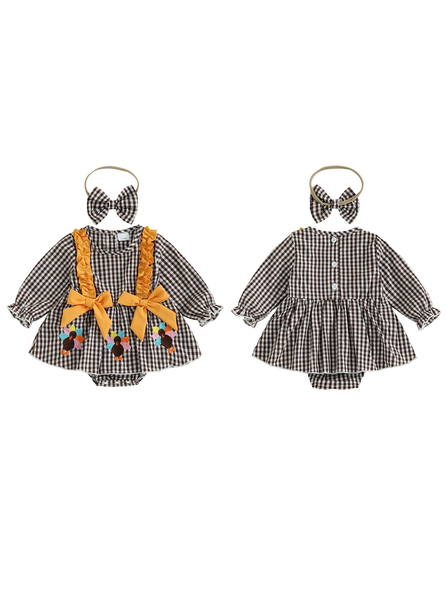 Baby Girls Thanksgiving Romper Dress with Headband - Turkey Plaid Ruffle Long Sleeve Jumpsuit