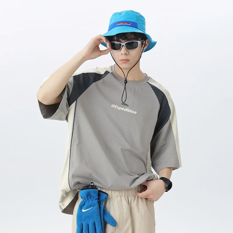 Men's Sports T-Shirt Mesh Breathable Colour Block Letter Print Short Sleeve