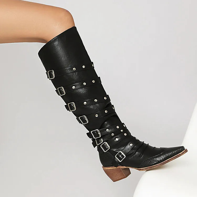 Women's 6cm Square Heel Knee High Boots Belt Buckle Rivet Pointed Leather Long Boots